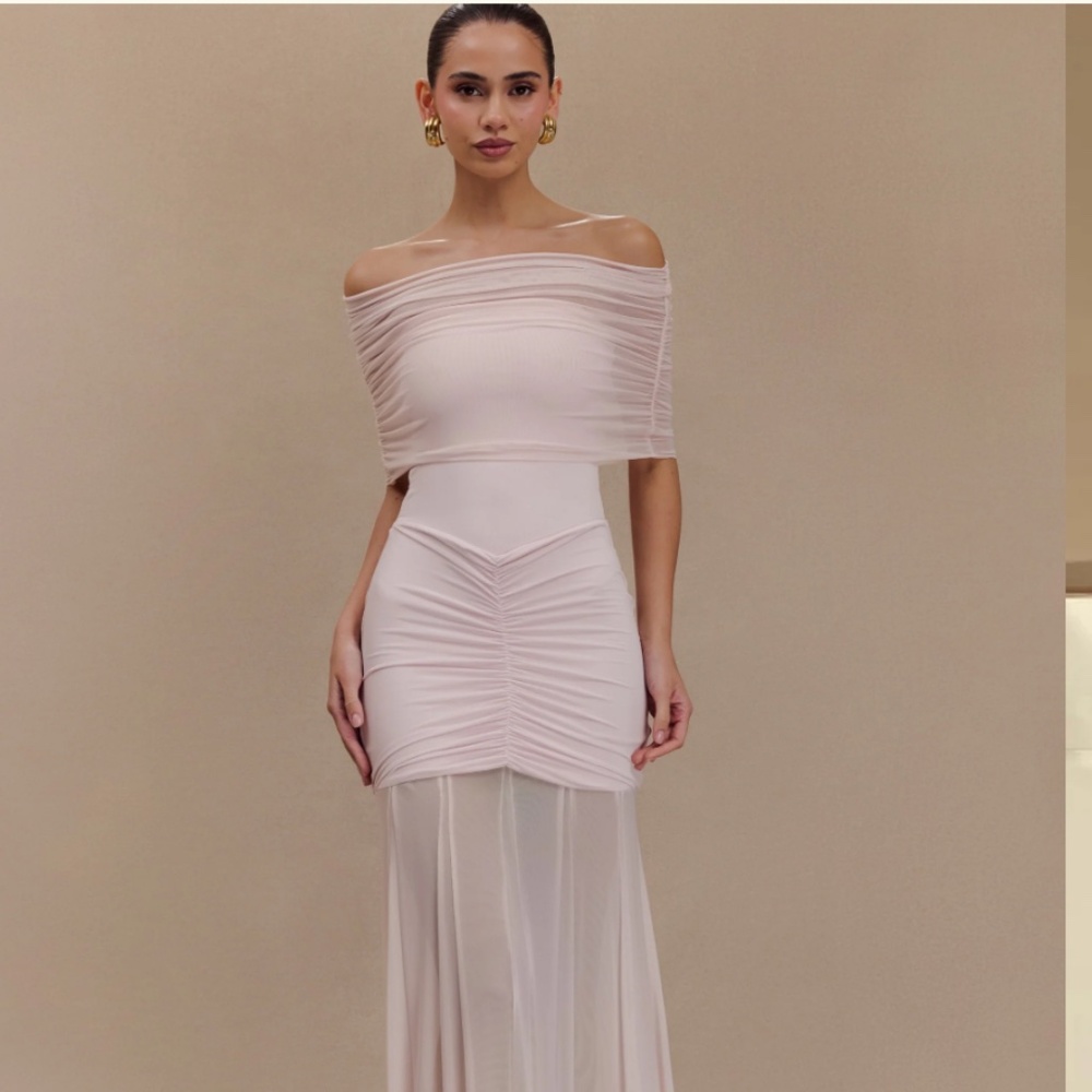MESHKI Caspian Off-Shoulder Mesh Maxi Dress | Pale Pink | XS | New with Tags/
